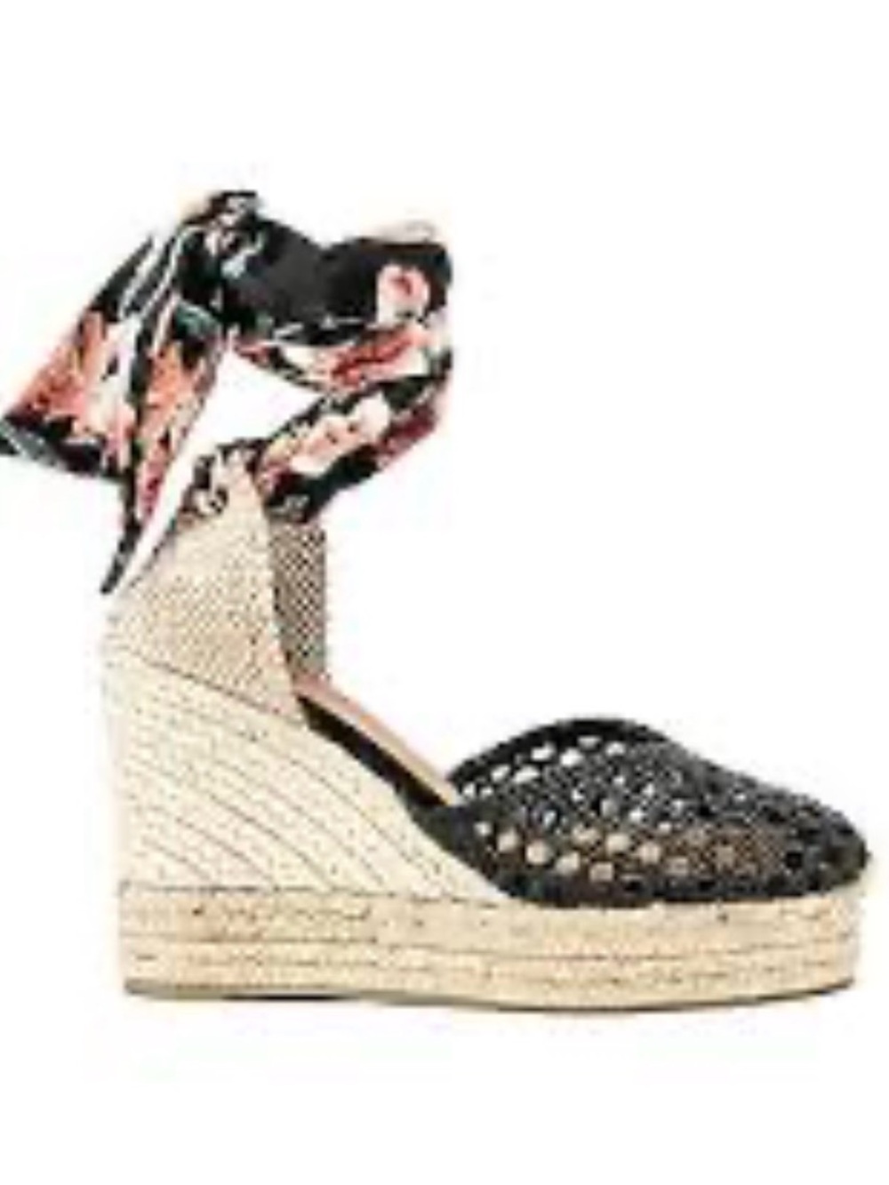 Castañer Camila Black Woven Mesh Ankle Tie Wedge Espadrilles Size 39 (US 8)